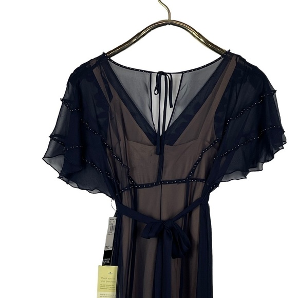 ADRIANNA PAPELL SHEER FLUTTER SLEEVE V NECK BEAD EMBROIDERED COCKTAIL DRESS - Picture 7 of 13